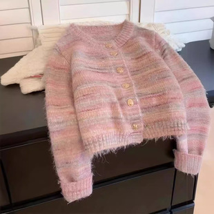 Pink Crewneck Sweater Coat Women's Spring and Autumn 2024 New Gentle Soft Waxy Knitted Cardigan Short Top