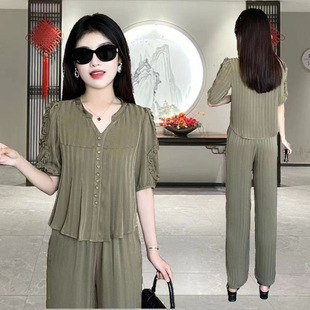 2024 Summer New Middle-aged Mother Short-sleeved Belly Covering suit Fashion Casual Wide Leg Pants Western Style Women's Two-piece Set
