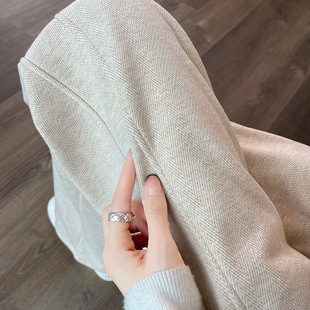 Woolen Herringbone Pattern Split Banana Wide Leg Pants Women's Cropped plus size fleece-lined Thickened Straight Loose Pants Autumn and Winter
