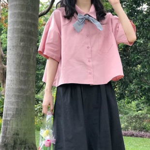 Preppy Style Summer Short-sleeved Bow Shirt + Pure Color Skirt for Female Students Korean Style Loose Single-piece Suit Trendy