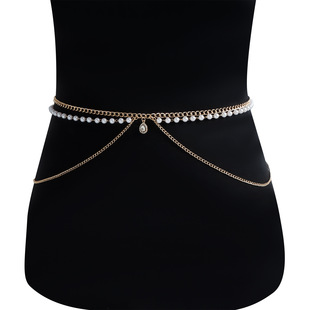 European and American Cross-border Jewelry Fashion Multi-layer Imitation Pearl Stacked Gem Pendant Waist Chain Women's Personalized Popular Body Chain