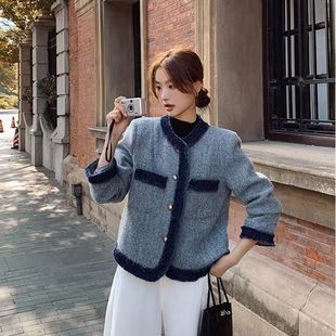 Lined Velvet Thickened Stitching Blue Chanel Style French Short Coat Autumn and Winter New Elegant High-end Top