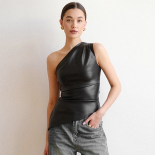 European and American Women's Shoulder Sleeveless Vest Autumn Amazon New Solid Color Slim-fit Oblique Collar Zipper Slim Top
