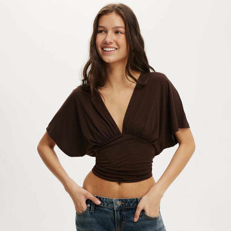 J26Tp033 European and American Cross-Border Women's Spring and Summer Amazon New Round Neck Pullover V-Neck Batwing Sleeve Waist-Cinching T-Shirt Top