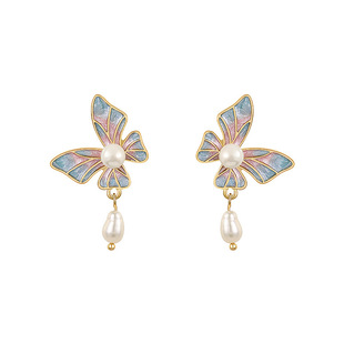s925 silver needle enamel drop oil butterfly pearl earrings women's retro elegant non-pierced mosquito coil ear clip fashion