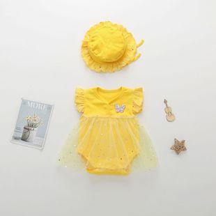 Bucket Clothes Baby Summer ins Thin Women's Baby Clothes Newborn Short-sleeved Climbing Wear Bow Triangle Ha Clothes