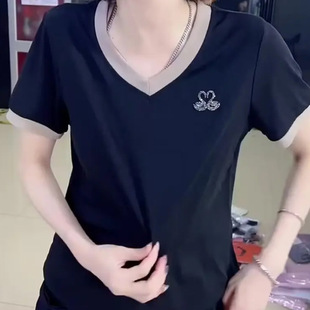 2024 Summer New V-neck Contrast Color Little Swan Short-sleeved T-shirt Women's Styline Top Women's Casual Thin Shirt