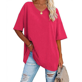 Cross-Border European and American Clothing Export Spring and Summer New Color Loose Half-Sleeved V Neck Cotton Belted Women's Tops