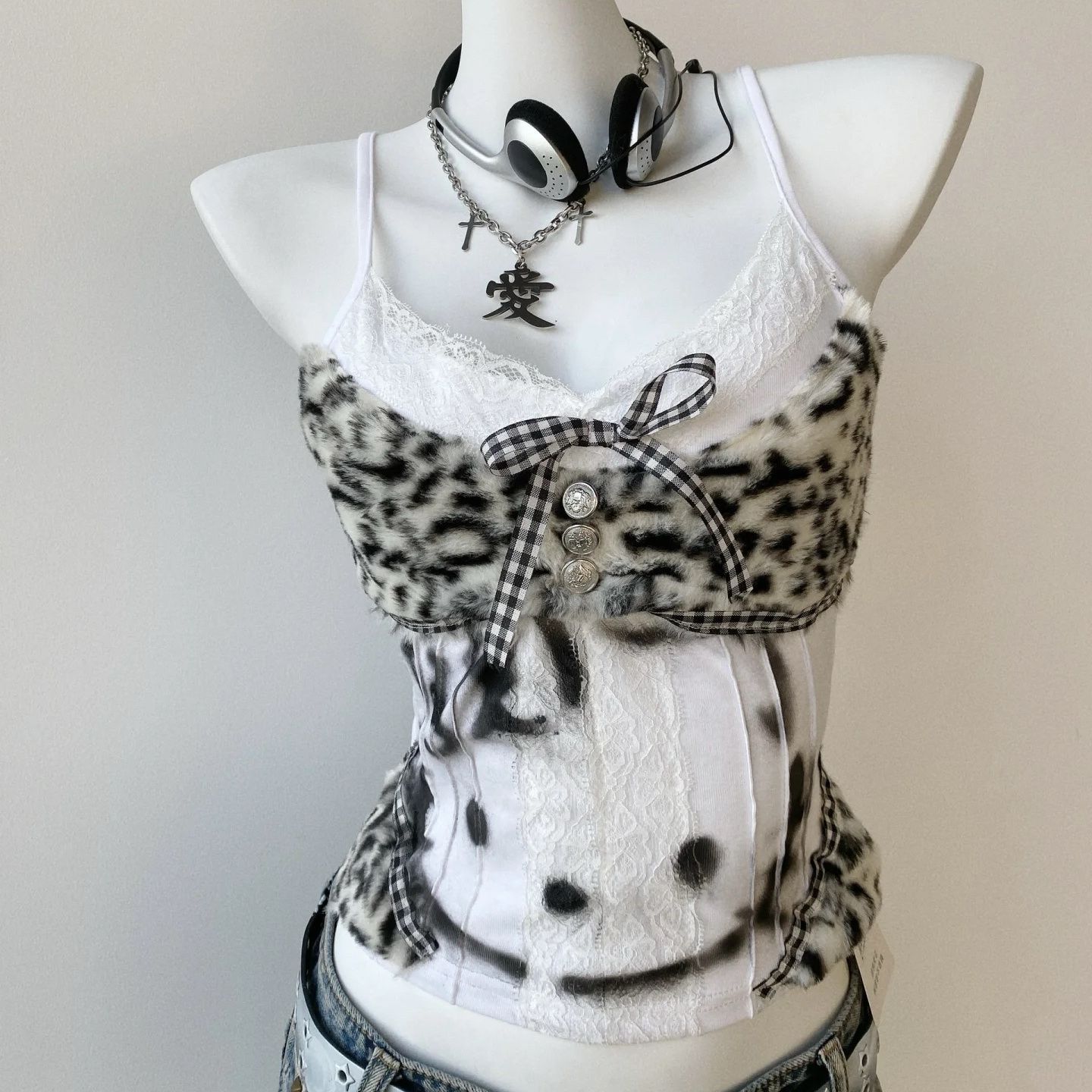 Vintage Y2K Spice Girl Shibuya Camisole American Style Kitten Print Stitching Leopard Print Lace Slim Top Trend