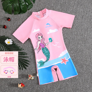 Girls Swimsuit Short-Sleeved Cartoon Print Children's Summer Swimming One-Piece Short-Sleeved Seaside Beach Suit for Girls