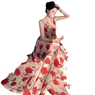 Summer 2024 New French Style High-end Printed Sling dress Sanya Long Dress for Seaside Vacation