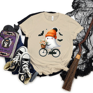 European and American Explosions plus size Leisure Halloween Gift Short-sleeved T-shirt Ghost Flower Bicycle Printed Short-sleeved T-shirt Women's Top