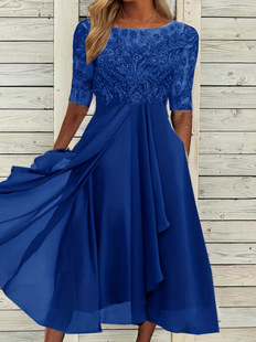 2024 European Station Cross-border Amazon dress Chiffon Stitching Lace Hollow Dress Bridesmaid Evening Dress Women's Dress