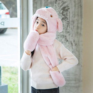 Winter thickened warm children plush one hat ears moving dinosaur hat scarf gloves three-piece set