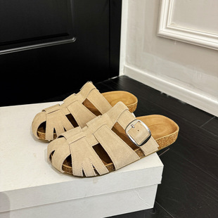 Genuine Leather Hollow-out Bucken Half Slippers Women's 2025 Summer New Style Outer Wear Soft-soled Slip-on Woven Sandals