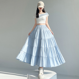 Academy Style Summer New Stitching Skirt Solid Color Staggery Waist A- Line Cake Large Swing Mid-Length Skirt for Women
