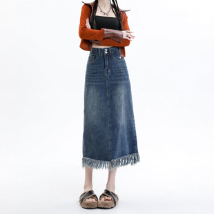 High Waist Denim Skirt Women's Spring and Autumn 2023 New Retro Tassel a-shaped Mid-length Slimming Hip Skirt Trendy