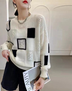 European Station Color Block Plaid Sweater Top Women's Spring and Autumn Thin 2022 New Retro Round Neck Mohair Sweater