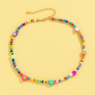Bohemian Holiday Style Mix and Match Smiley Heart Necklace European and American Simple Retro Colorful Bead Collarbone Necklace