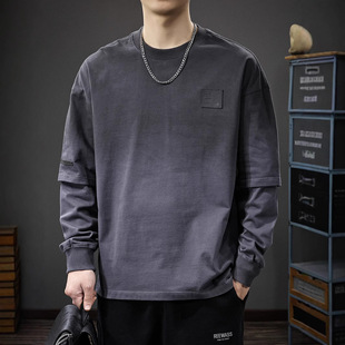 Spring New Loose Long-sleeved T-shirt Men's American Style Retro Washed Gradual Spring and Autumn Trend Fake Two-piece Sweatshirt