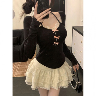 Niche Lace Stitching Neck Top Women's Spring New High Waist Slimming Puffy Cake Skirt suit Women's Two-piece Set