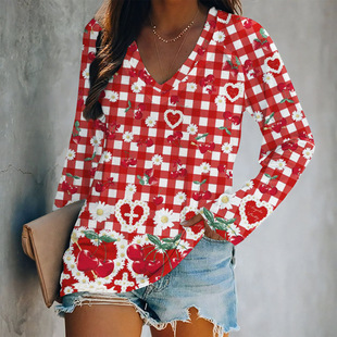 Cross-border 25 years Valentine's Day hot spring new digital printing V-neck long sleeve loose ladies T-shirt wholesale 142