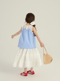Emo Beibei Children's Wear Girl's Fresh Blue and White Plaid Doll Shirt Children's Fake Two-piece Camisole Top Summer