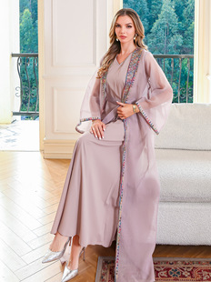 Muslim Elegant Two-Piece dress Middle East Embroidered Mesh Long Group Abaya Ladies Robe Wholesale