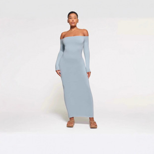 Skims Kardashian Style Retro Off-Shoulder Long Sleeve Bodycon Dress with Slit for Women