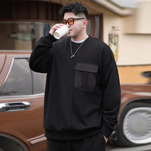 Trendy Brand plus size Men's Spring and Autumn Ribbon Stitching Round Neck Sweatshirt for Fatty Loose Fat Plus-size Casual All-match Top
