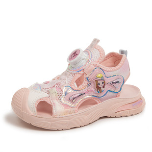 Girls Sports Sandals 2024 New Summer Hollow Out Baotou Girls Princess Shoes Swivel Button Children's Beach Shoes