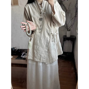 2025 Cotton and Linen New Chinese Zen Tea Clothing Lace-up Top National Style Mid-length Cotton and Linen Shirt