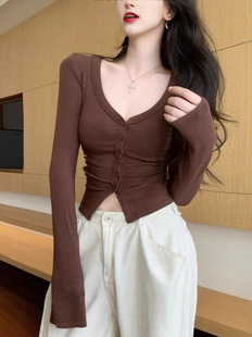 Korean Style Hot Girl Elegant Single-breasted Inner Base Shirt Women's Autumn V-neck Slim-fit Slimming All-match Long-sleeve Top