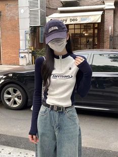 Autumn 2024 Half Zipper Collar Base Shirt Chic Contrast Embroidered Raglan Sleeve Long Sleeve T-Shirt Women's Hot Girl Top