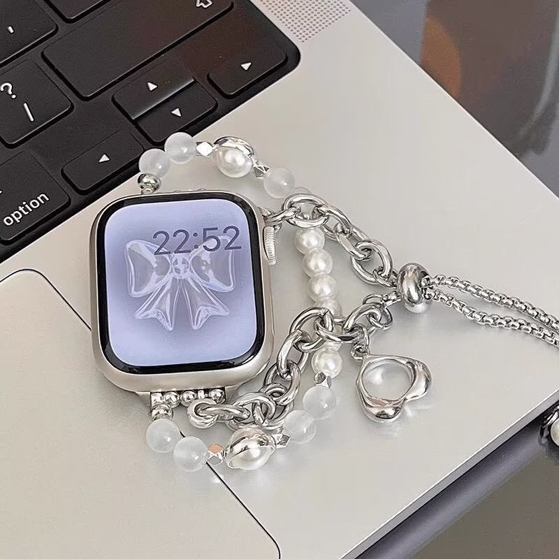 Pearl chain metal watch band, suitable for Apple Watch, Huawei, Xiaomi smart bracelet, women's fashion elastic wristband