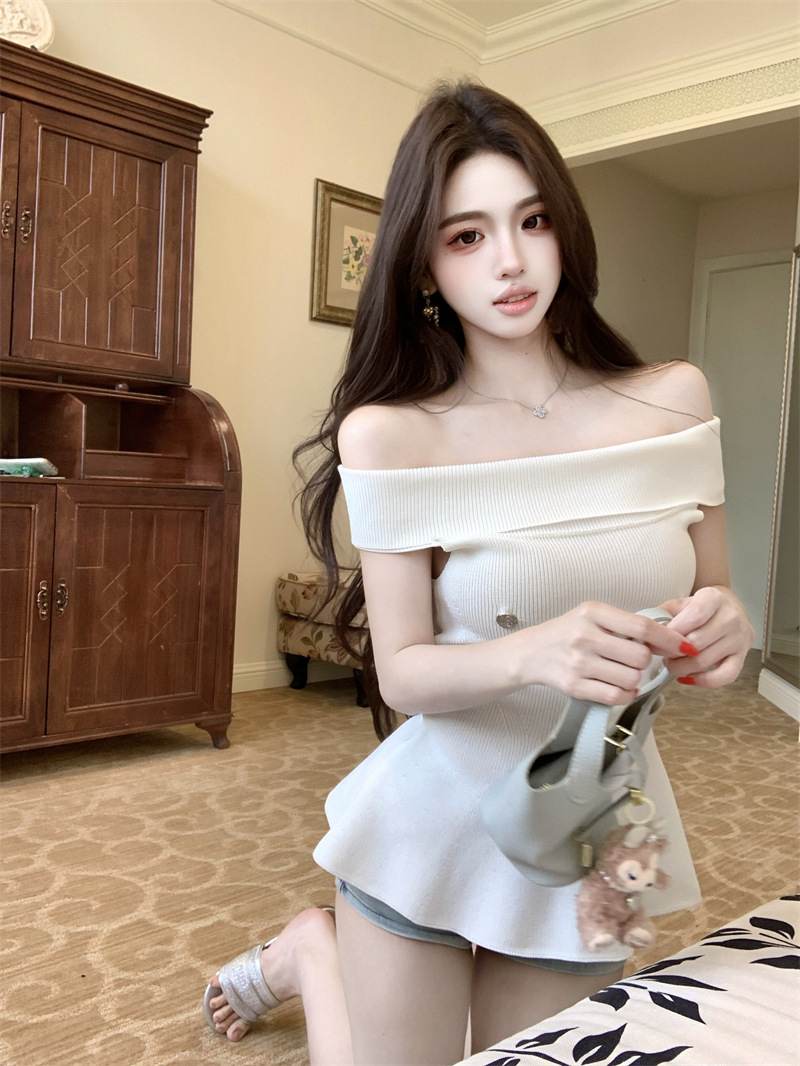 Pure Desire Sweet Hot Girl 섹시한 원 숄더 더블 브레스트 허리 슬리밍 니트 티셔츠 탑 여성용
