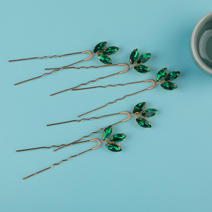 European and American cross-border green rhinestone hairpin vintage Hanfu hair accessories new Chinese cheongsam U-shaped clip female temperament headdress