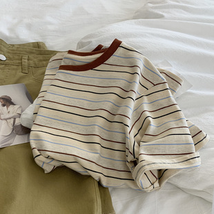 Retro Gentle Korean Style Women's Short-sleeved T-shirt with Contrast Color Stripe at Neck for Summer Loose All-match Western Style Crewneck Top