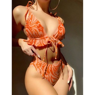 2024 New Amazon European and American sexy bikini swimsuit printed lace-up bikini hot spring beach swimsuit for women
