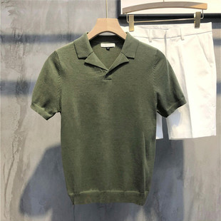 Men's handsome small V-neck solid color knitted polo shirt British slim Korean style short-sleeved T-shirt casual retro Top Fashion