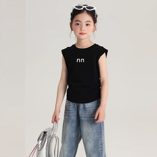 Girls' Vest Children's Outer Wear Sleeveless Top Summer 2024 New Simple Children's Wear Girls' Crewneck Sling Trendy