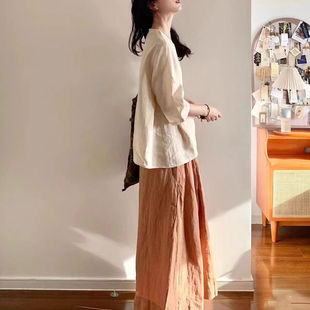 Cotton Linen suit 2025 Summer New Arrival Half Sleeve Top Loose Slimming Wide Leg Pants Simple Two-Piece Women's Clothing