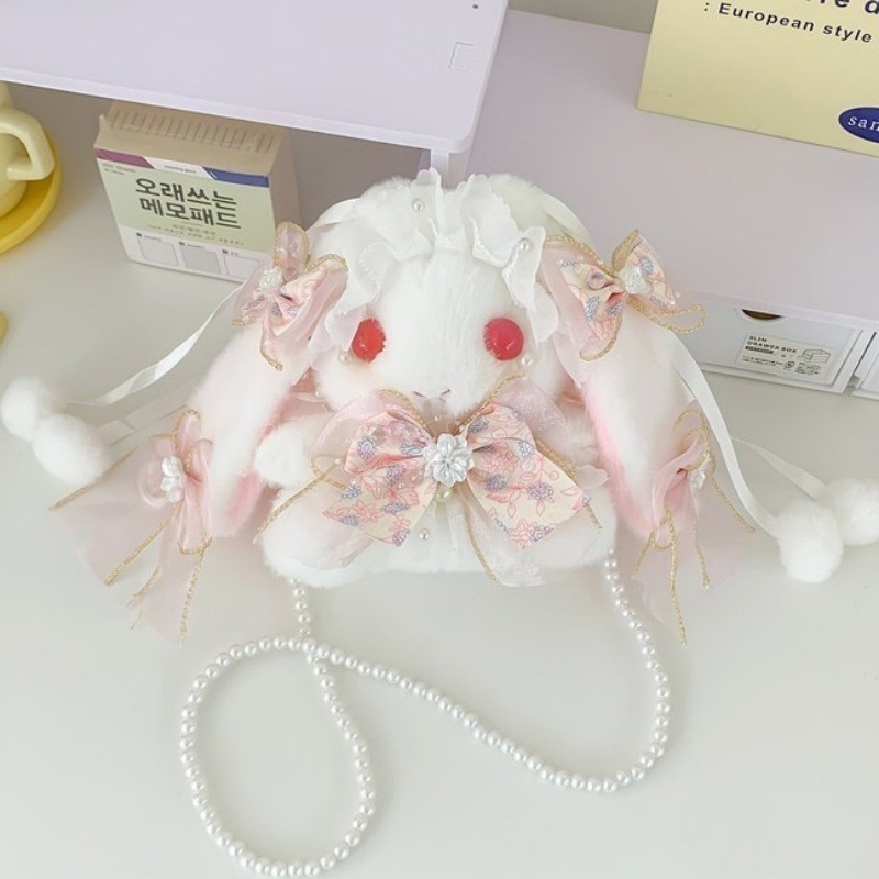 Lolita-style bunny bag, high-value and exquisite JK cute girl bunny crossbody bag, pearl soft girl handbag.