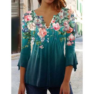2024 European and American ebay Spring and Summer New Women's Floral Printed V-neck Short Sleeve Pleated Button T-shirt Base Shirt