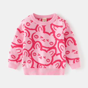Korean version of children's clothing Girls cute rabbit jacquard crew neck sweater 23 autumn and winter New Baby base sweater generation hair