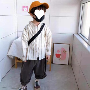 Mori Style Retro Style Pure Cotton Korean Children's Clothes Spring and Summer New Vertical Strip Shirt for Boys and Girls Baby Elegant Trendy Western Style