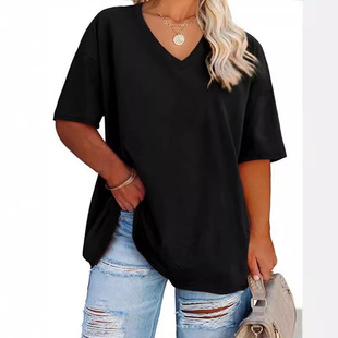 2024 Summer Women's V-Neck T-Shirt Pullover Dotted V-Neck Short Sleeve T-Shirt