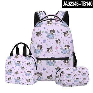 3D New Printed Sanrio Kuromi Kuromi Student Bag Backpack Lunch Bag Pencil Bag Three-piece Set