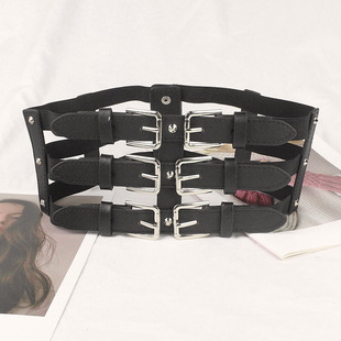 Cross-border wholesale European and American Three breasted super wide elastic waist seal women's hollow rivet decorative punk style elastic belt