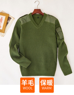 Winter standard men's round neck solid color sweater warm fleece olive green security V-neck pullover knitted